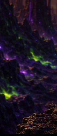 Glowing violet and acid-green alien cliffs from a fractured V3RSE biome